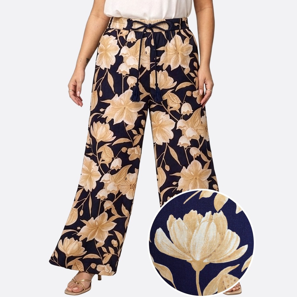 Joie Floral Linen Blend Medium Navy Tan Wide Leg Pants